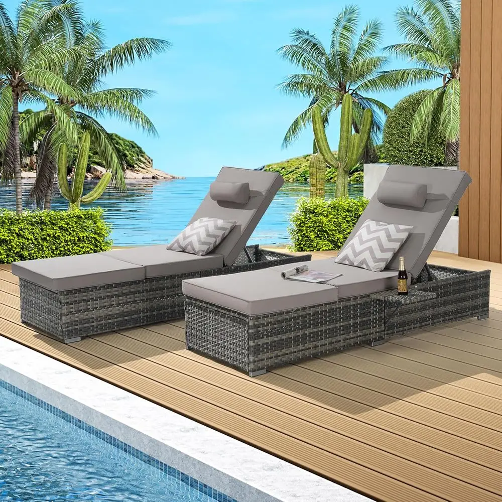 

2-Piece Storage Patio Chairs with Adjustable Recliners, Cushions, and Table for Outdoor, Beach, or Garden Use