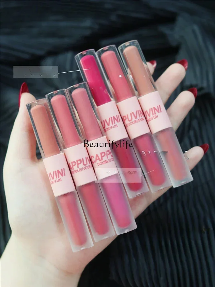 Double-Headed Lip Lacquer Mirror Water Light Gray Powder Lip Mud Pseudo Plain Face Electro Pink Light Makeup Nude Color Series