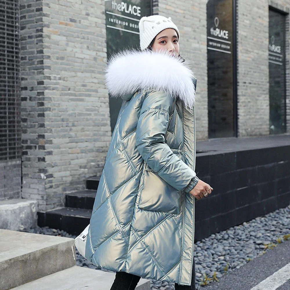 Winter Women Glossy Down Cotton-Padded JacketJoker Casual Loose Fur Collar Padded Warm  Coat Outcoat Fashion Outerwear