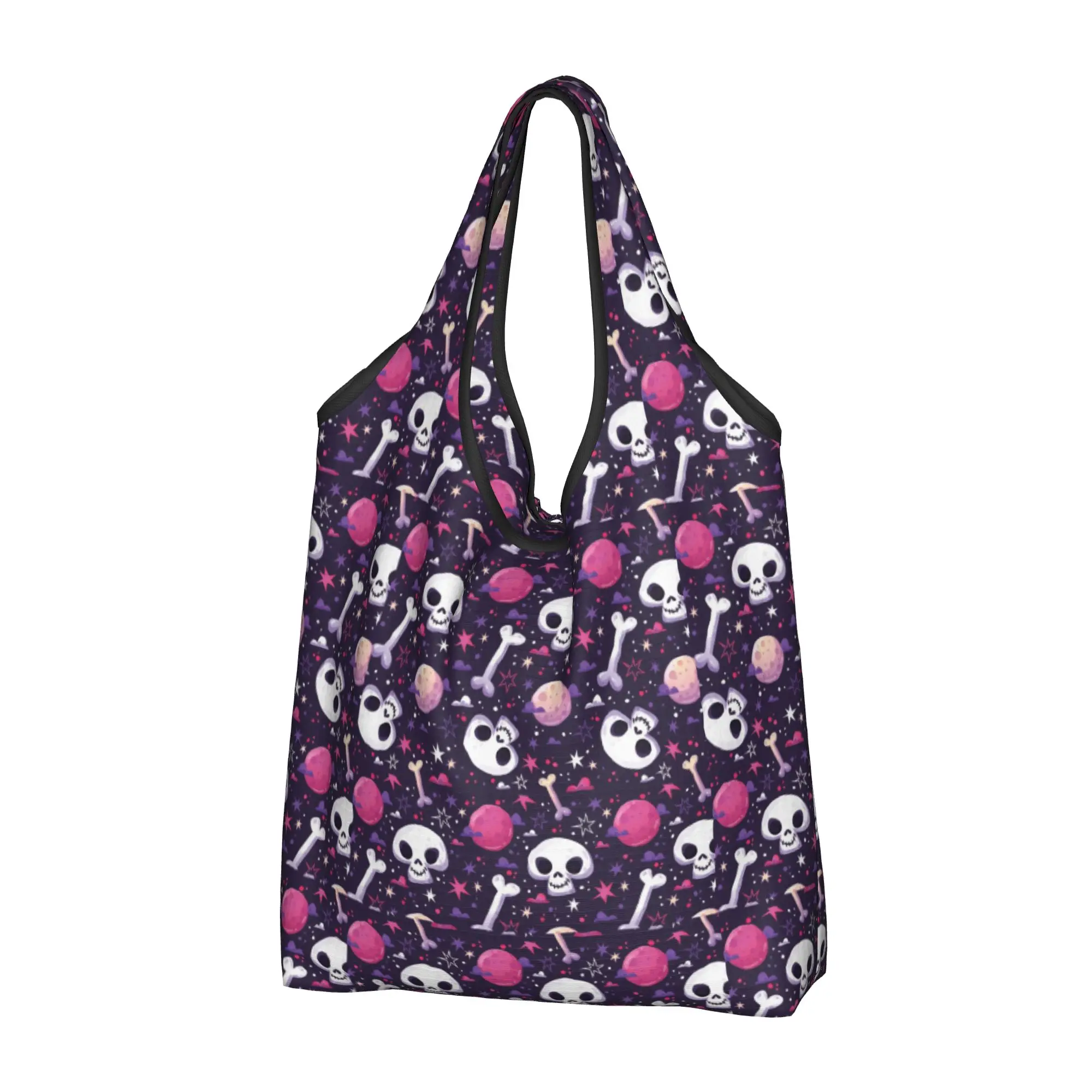 Custom Skull Print Shopping Bags Women Portable Big Capacity Grocery Horror Skeleton Death  Shopper Tote Bags