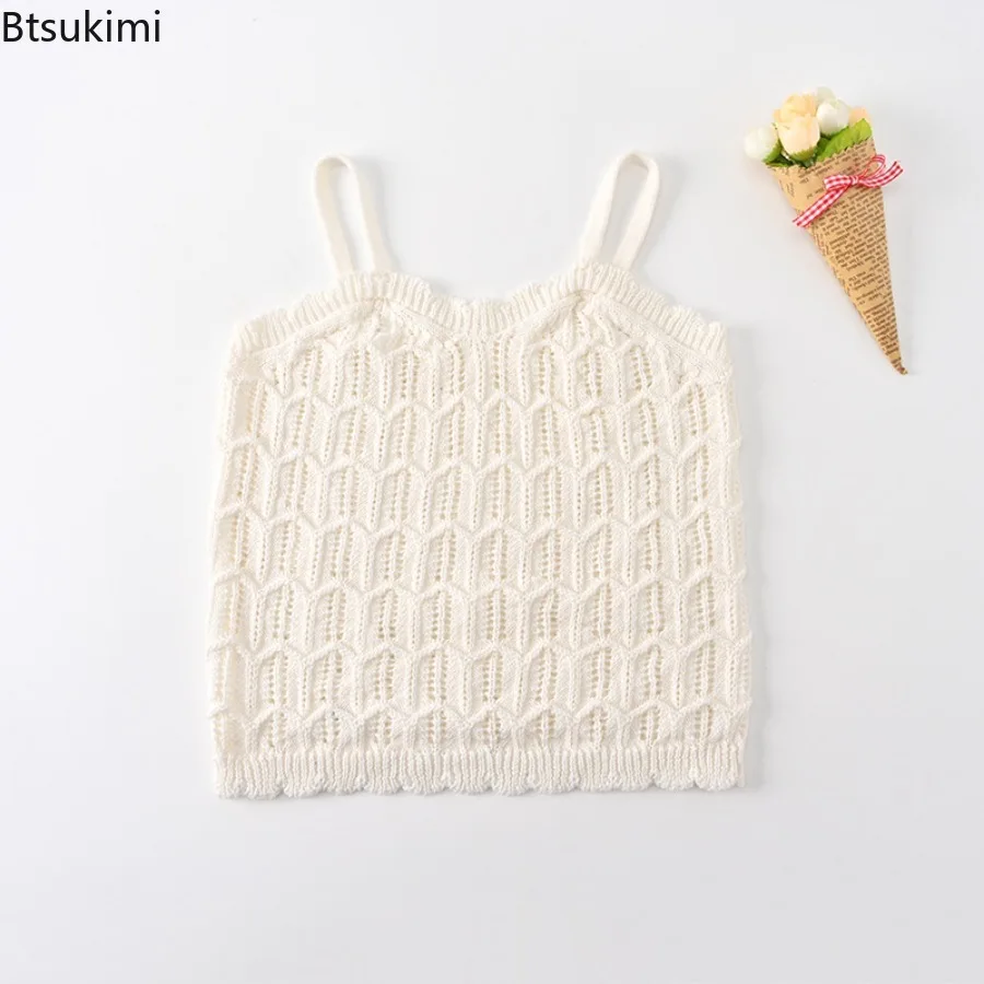 2026 Baby Girl's Knitted Hollow Suspender Vest Tulle Skirt Summer New Cotton Solid Color Girls Clothing Folded Tummy Control Top