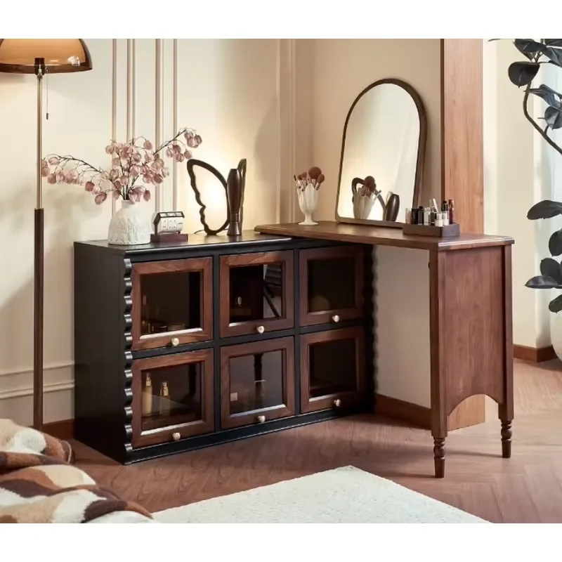 Modern Convertible Vanity Table with Storage Cabinet, Flip-Up Door Design, L-Shaped or Straight Configuration for Bedroom