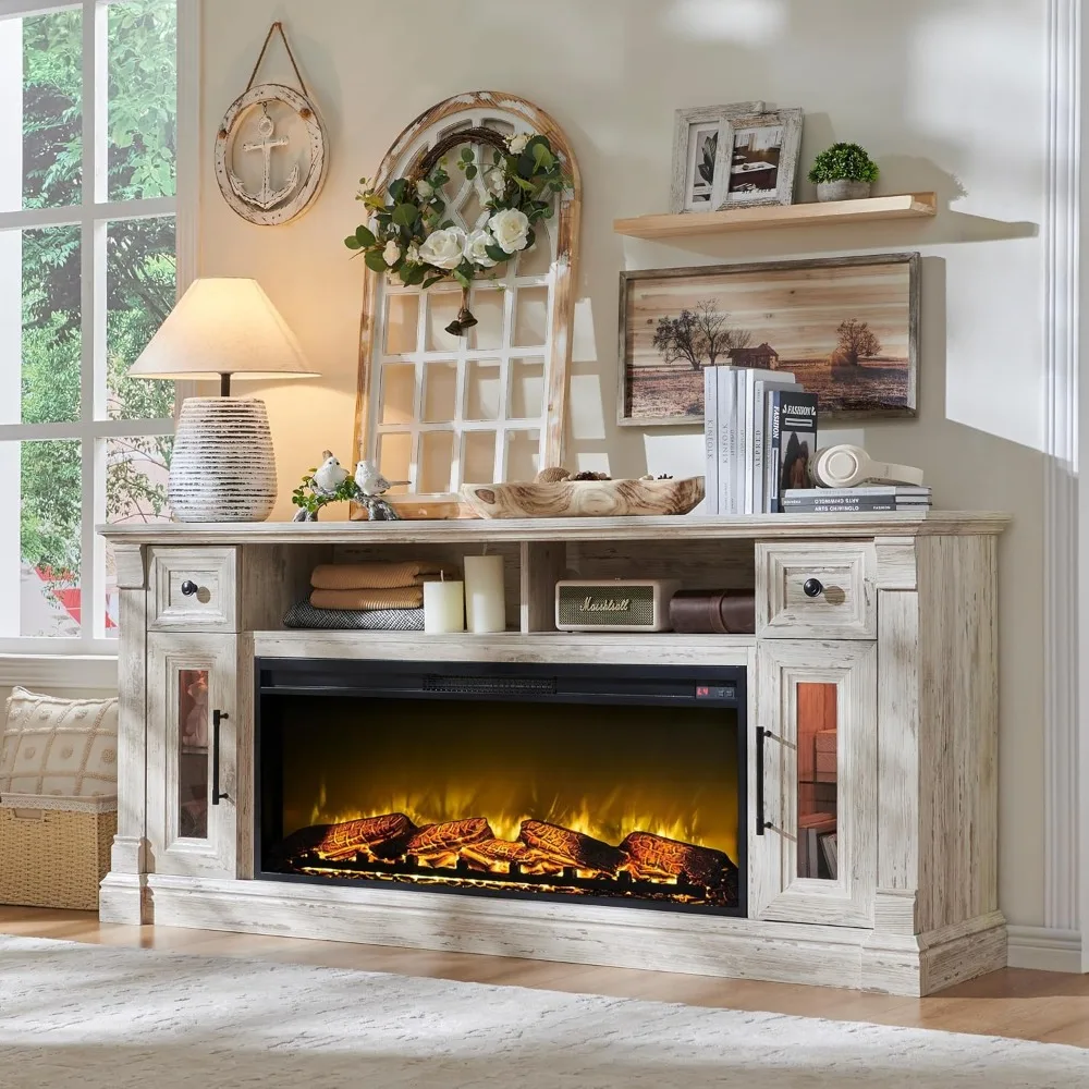 

Farmhouse Fireplace TV Stand for 80" TV – Wood Entertainment Center with 42" Electric Fireplace, LED Lights, and Adjustable Stor