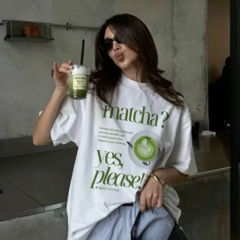 

Matcha Please Retro Aesthetic Tshirts Cute Matcha Lover T Shirt Fashion Geen Tea T-Shirt Women Loose Short Sleeve Foodie Tops