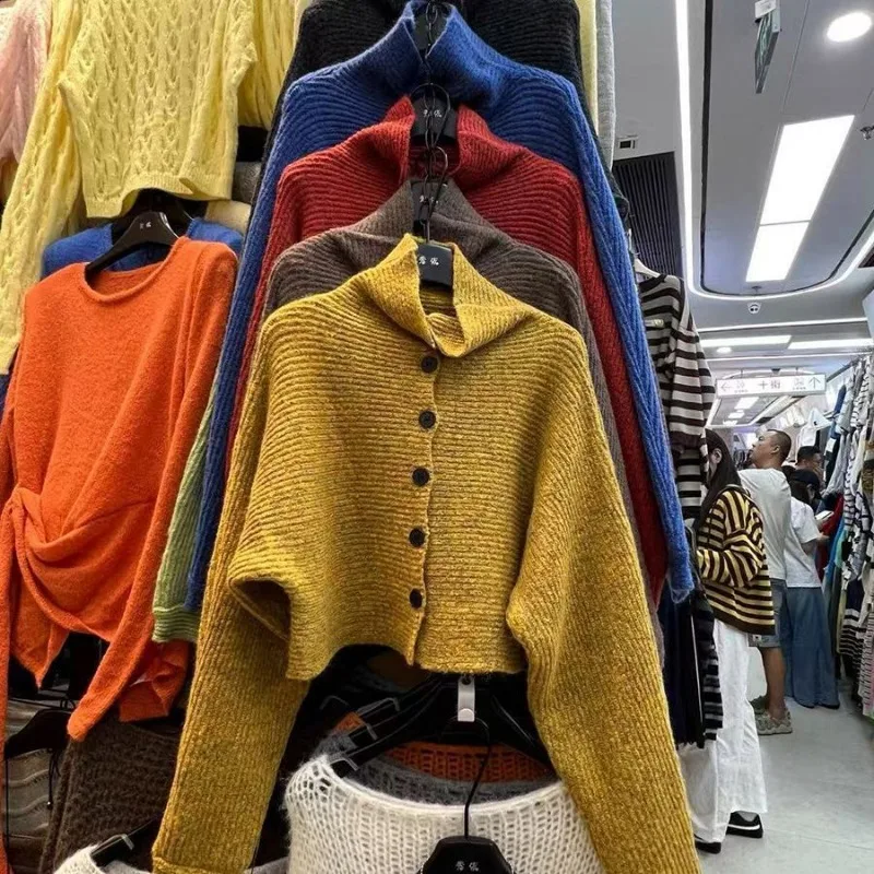 Herfst en winter luie stijl hoge kraag dichtgeknoopt losse paarse korte trui gebreid vest top