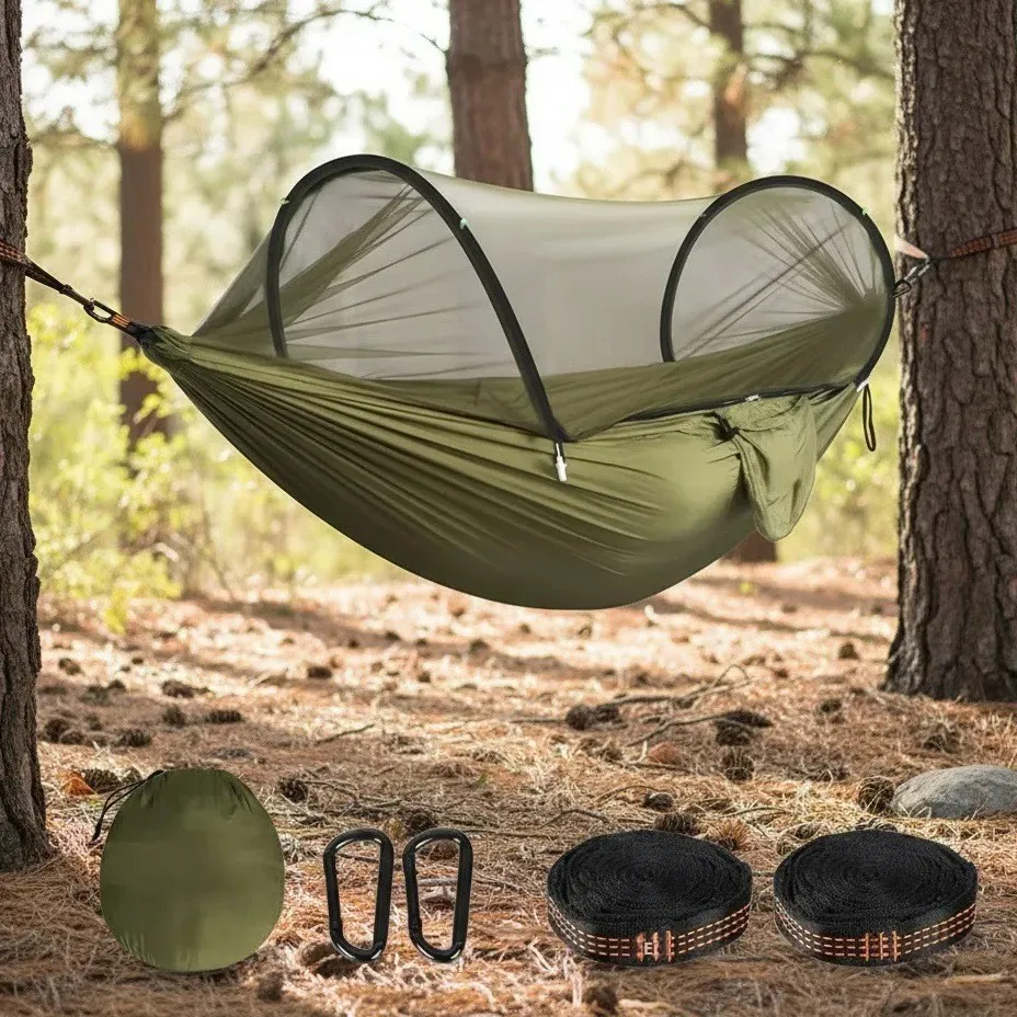 ポータブル蚊よけ＆日よけハンモック-ストラップとキャリーバッグ付き-屋外快適リラックスストラップバージョン