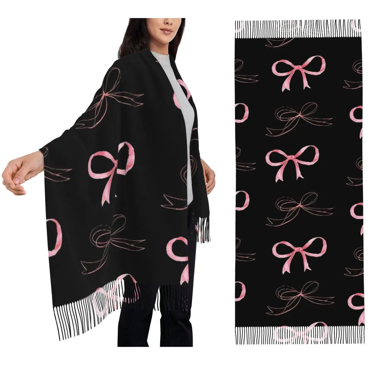 Pink Bow In Blackground Pattern Scarf Tassel Scarves for Women Soft Warm Shawls and Wraps Large Fall Winter Shawl Wrap