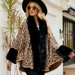 Women Batwing Sleeves Leopard Capes Black Striped Faux Rabbit Fur Collar Cloak Winter Thicken Warm Long Poncho Loose Overcoat