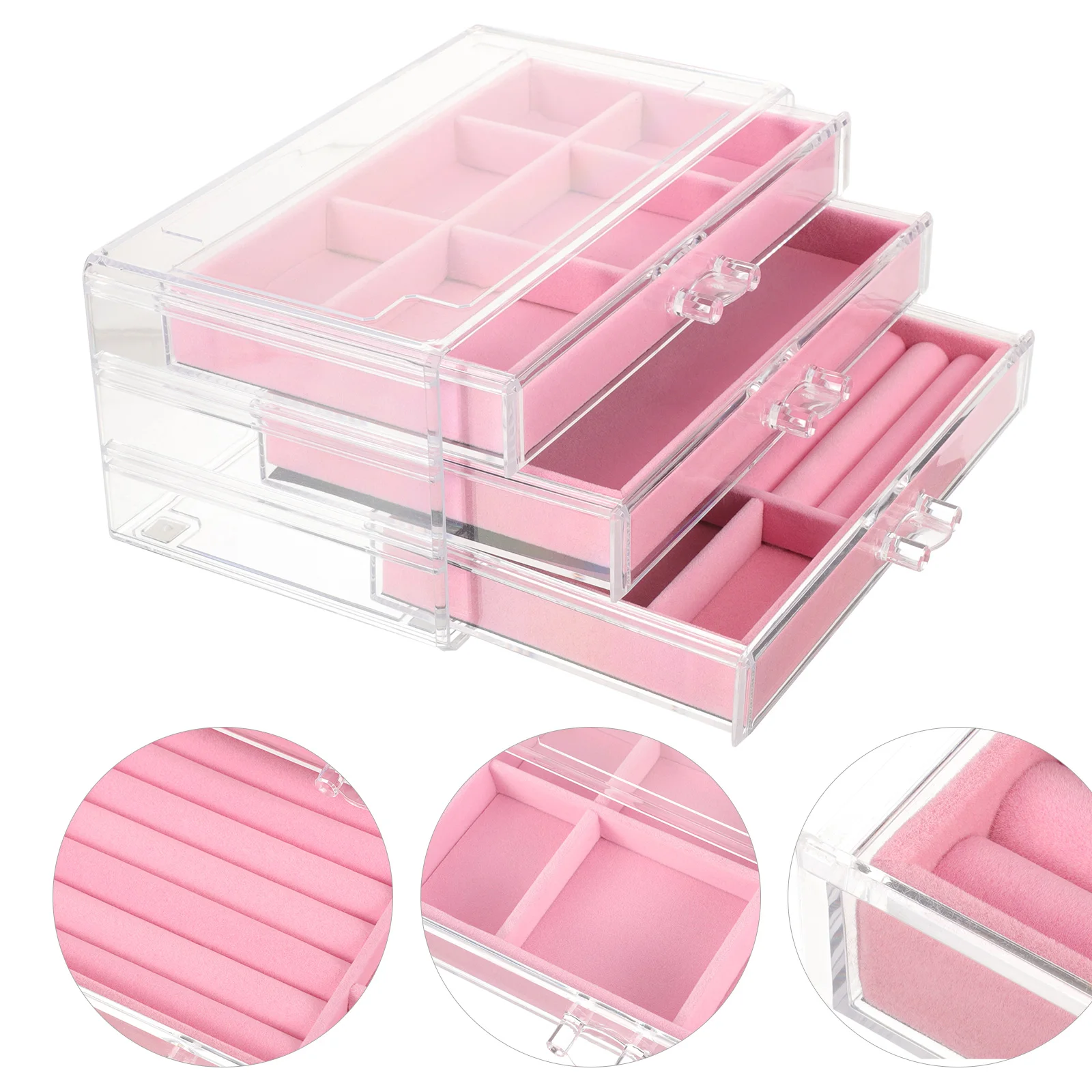 

3PCS Jewelry Storage Box Desktop ganizer Drawers Cosmetics Table Holder Premium Acrylic Fabric Material Lasting for Women