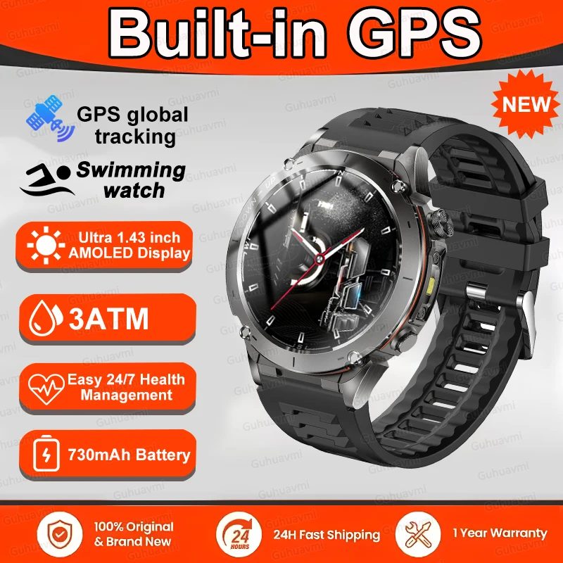 GUHUAVMI [Weltpremiere] Robuste GPS-Smartwatch, 1,43 Zoll AMOLED-Display, Bluetooth-Telefonanrufe, LED-Taschenlampe, IP68, wasserdichtes Sportarmband 5