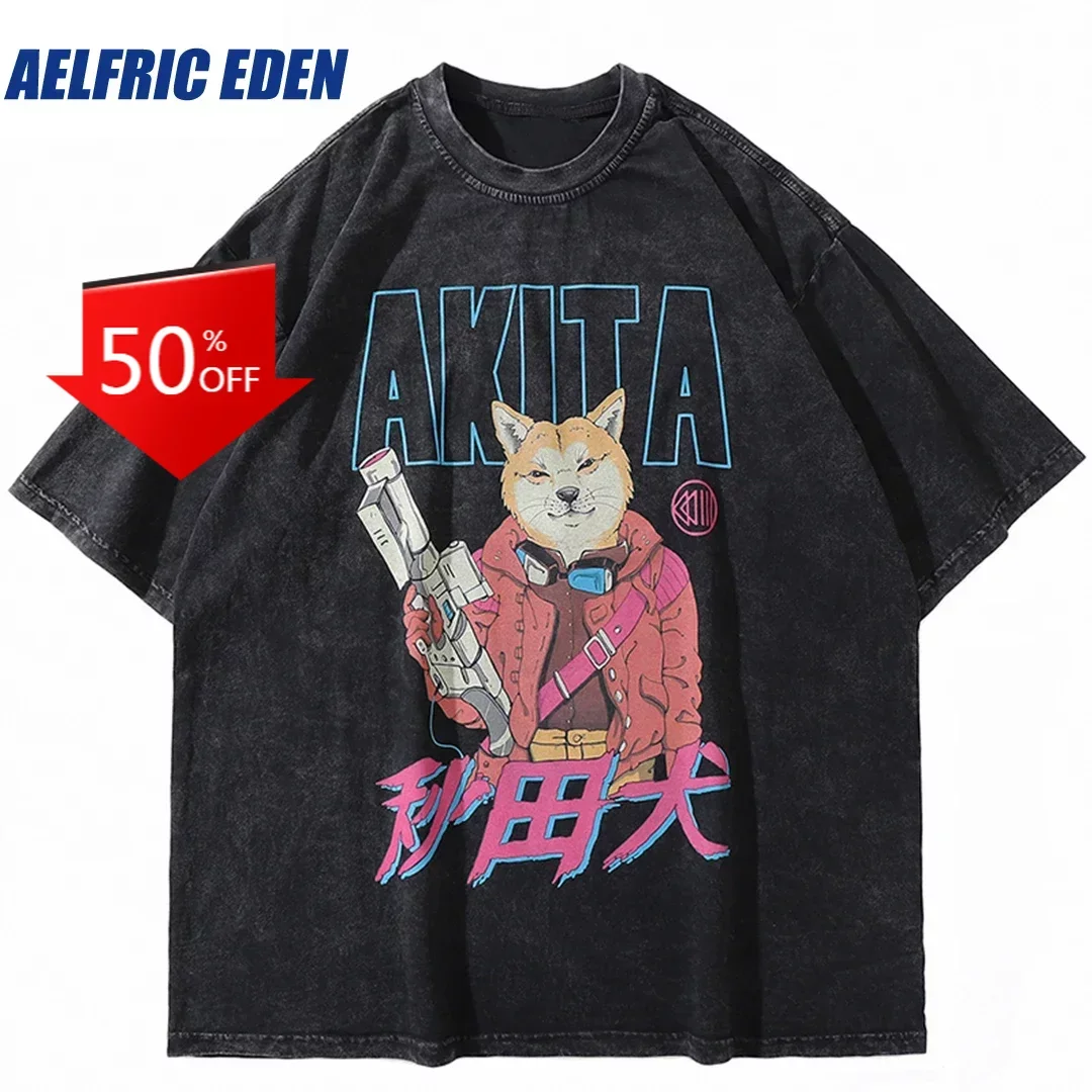 

Aelfric Eden Japanese Akita T-Shirt Cartoon Anime Graphic Tees 2023 Men Harajuku Streetwear T Shirt Black Washed Oversize Tshirt