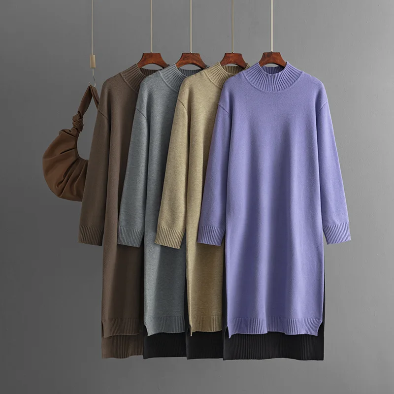 Women's Solid Color Casual Trendy Half High Collar Long Sleeve Knitted Mid Calf Length Dresses Autumn Winter New Fashion Clothes