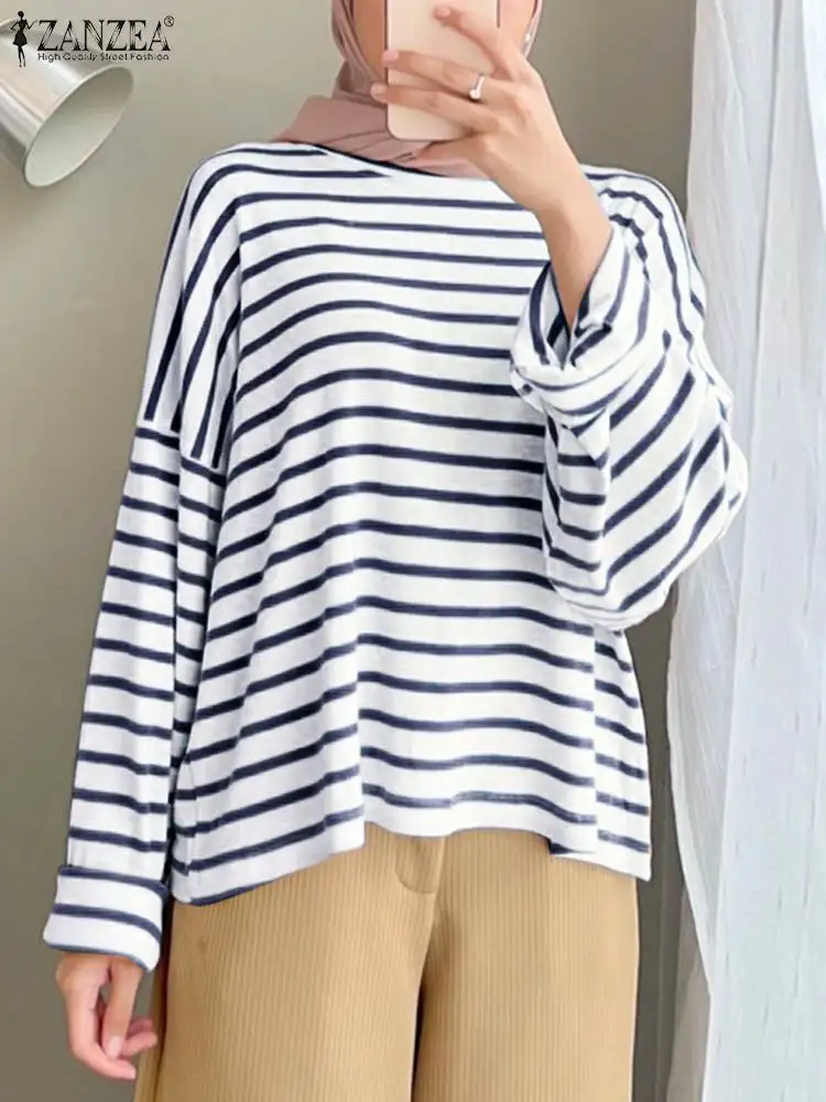 

ZANZEA Summer Muslim Stripe Blouse Turkey Hijab Tops Women Casual Long Sleeve O Neck Shirt Elegant Work Blusas IsIamic Clothing