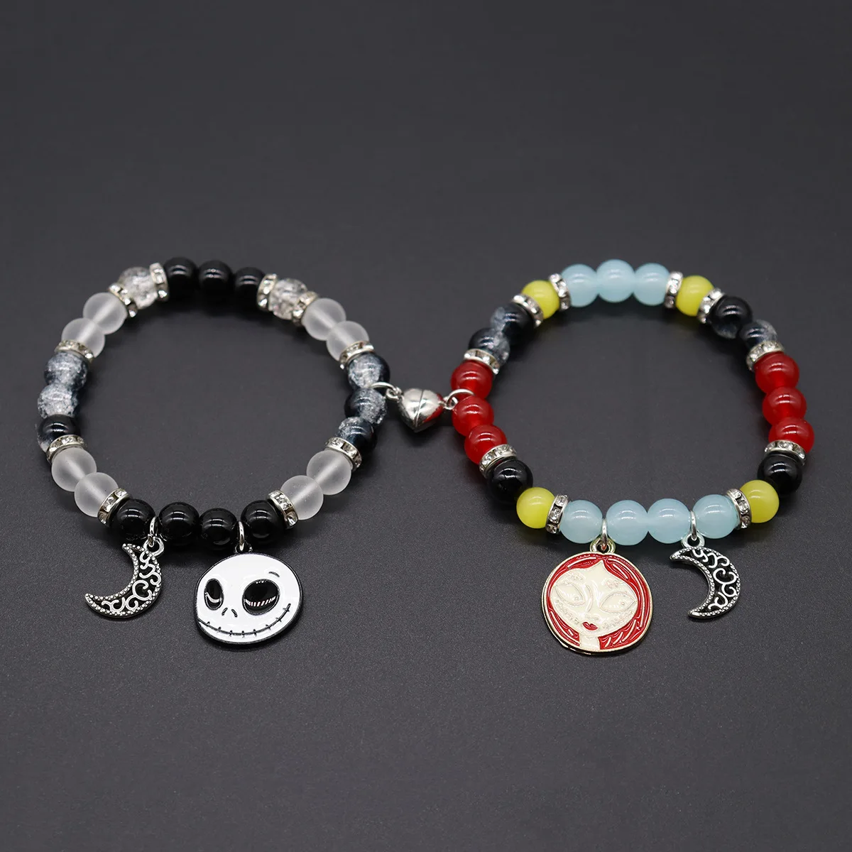 2PCS Ghost Moon Charm Beaded Bracelet For Best Friend Multi Color Beads Magnetic Heart Bracelet Set Bff Festival Fireball Spacer