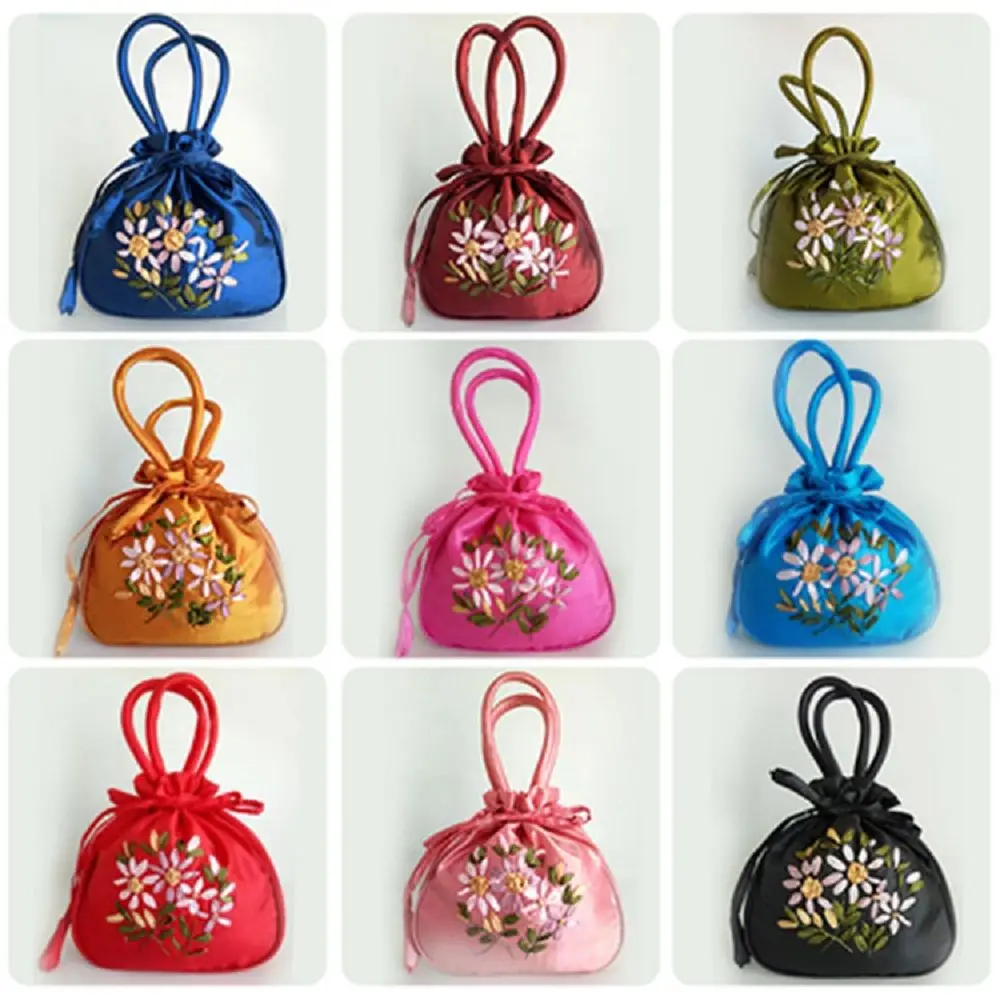 

Satin Silk Hanfu Drawstrings Bag Leaf Mommy Bag Embroidery Flower Handbag Ethnic Style Shopping Bag Small Purse Wallet Daily