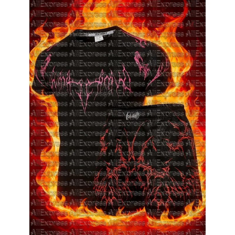 

Dark Thorn Letter Short Sleeve Shorts Set Heavy Metal Cross Quick Drying Two Piece Set