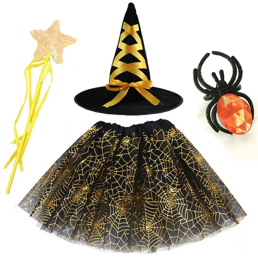 Children Adult Spider Web Tutu Cobweb Skirt Witch Wizard Hat Suit Party Outfits Carnival Halloween Costume Bat Cloak