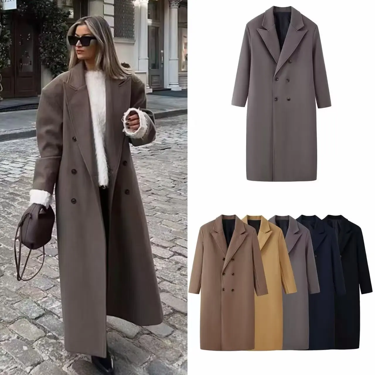 Women Lapel Double Breasted Long Wool Blend Coat Oversized Loose Fit Over Knee Winter Outerwear Multi Color