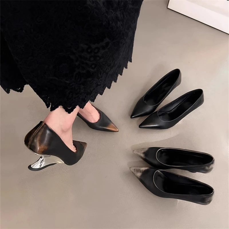 Retro Sexy Pointed Toe Design Women Shoes Strange Heel Fashion Show Shallow Elegant Ladies Shoes Black Zapatos Mujer Verano 2024