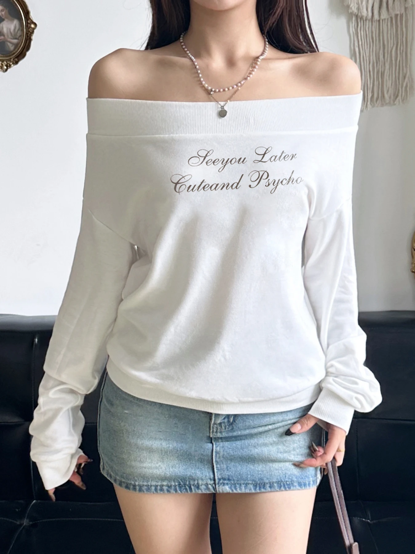 Weekeep Casual Off-shoulder Hoodies White Long Sleeve Slash Neck Sweatshirt Y2k Letter Print Loose Women Clothing Autumn Ladies