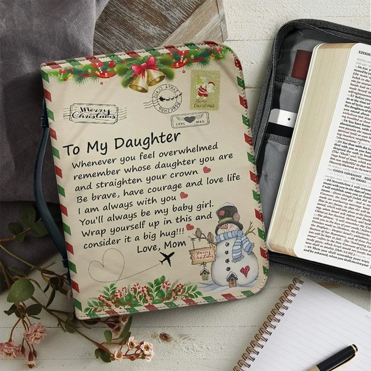 Christmas Blessings to Daughter Print  Bible Cover Case Women Leather Handbags Christmas Zippered Handle Bible Study Book Boxes