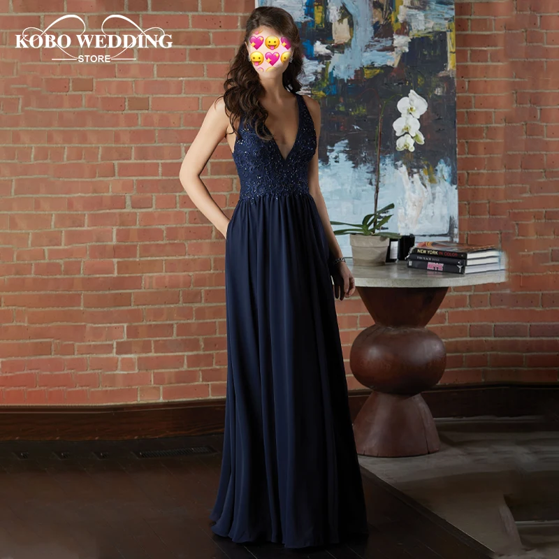 Navy Bule Bridesmaid Dresses 2020 Lace Beading Chiffon Prom Party Gowns Wedding Guest Maid Of Honor Dress Beach Style V Neck