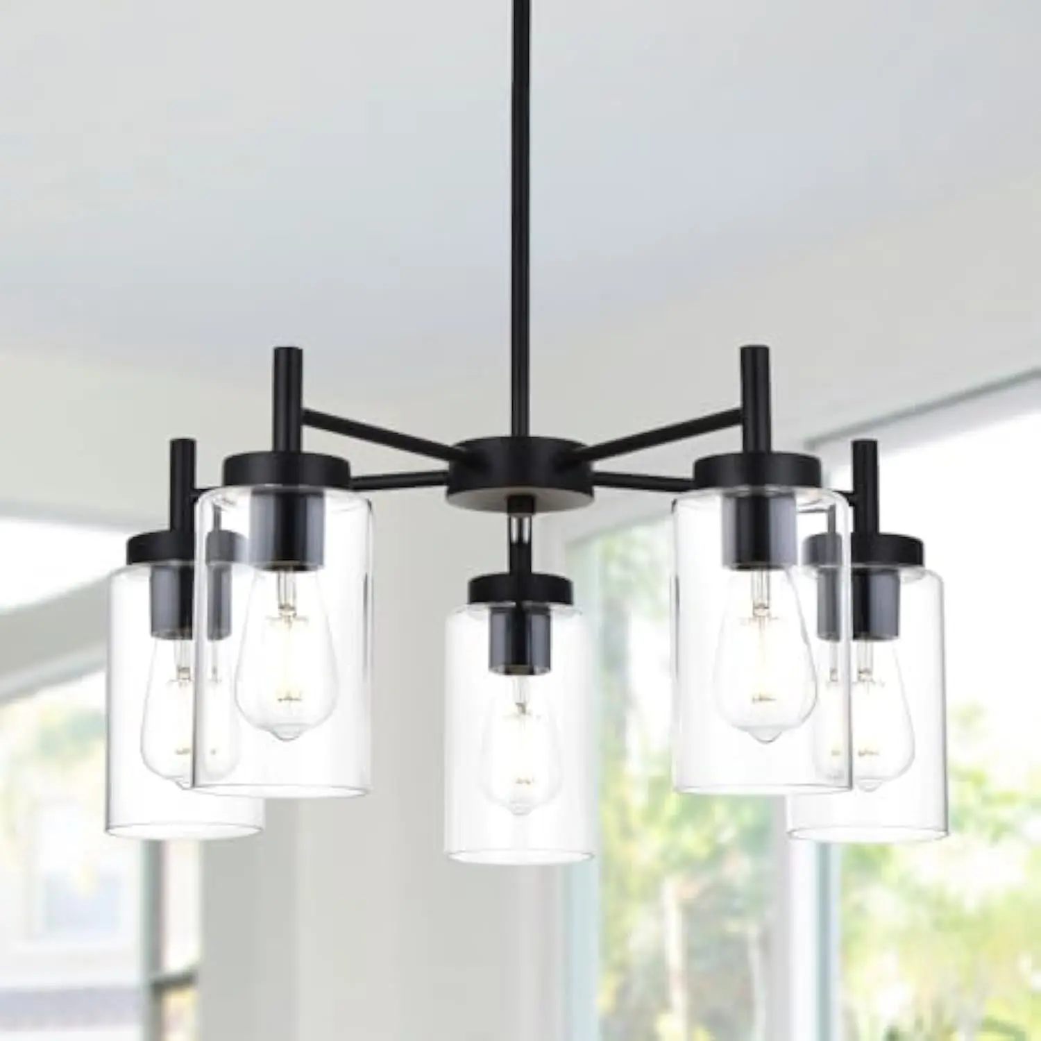 

5 Light Contemporary Chandeliers Black Modern Lighting Fixtures Hanging,Industrial Vintage Pendant Lights with Clear Glass Sha