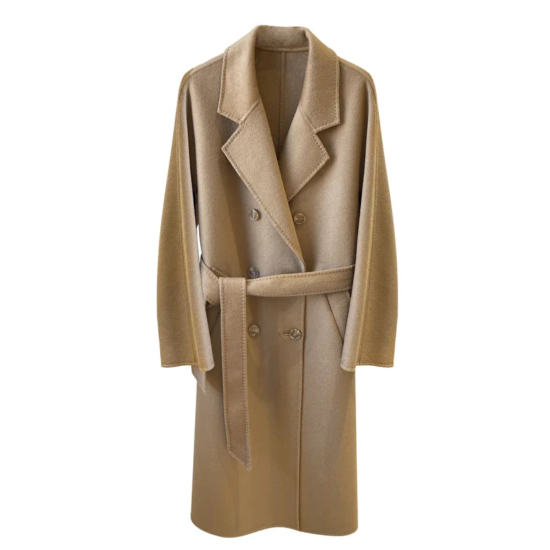 Buirtraptor Women's High-End Autumn Cashmere Coat Long Brown White Wool Double Breasted Lace up Classic Style