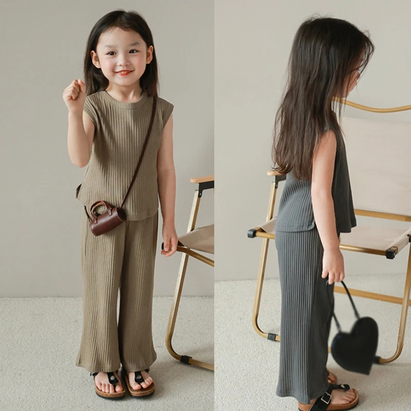 Two-Piece Set Summer Girl Sleeveless Shirt And Trousers Casual Suit Girl Round Neck Solid Color Fashion Suit Skin-Friendly