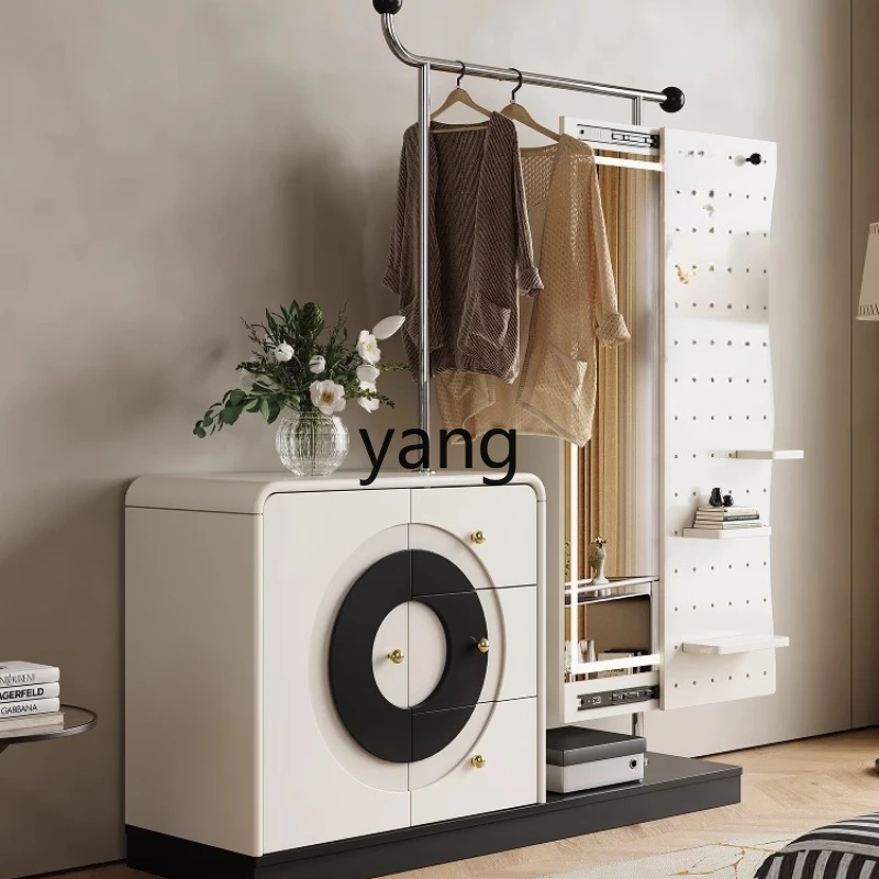 

LH bedroom floor-to-ceiling hanger integrated full-length mirror against the wall, bedside chest storage