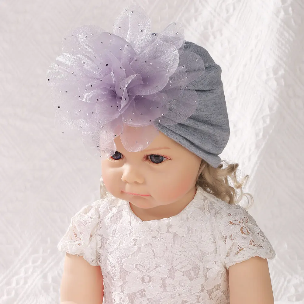 0-3T Headwraps Solid Big Flower Cotton Babe Turban Hats for Baby Girls Beanies Thin Elastic Caps Bonnet Newborn Toddler