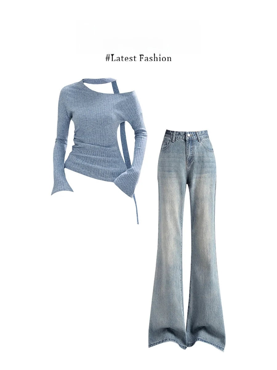 

Korean Style Knitted off Shoulder Top with Sash And Flared Jeans Autumn Fashion Set Breathable Lightweight Casual Wear for Women