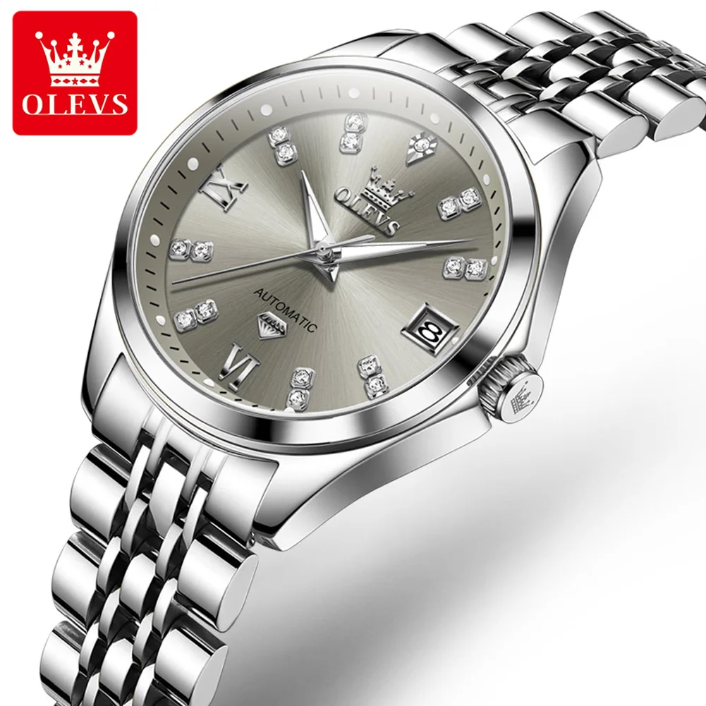 

OLEVS Grey Women's Watches Elegant Fashion Automatic Mechanical Watch for Lady Luminous Date Waterproof Stainless Steel Simple
