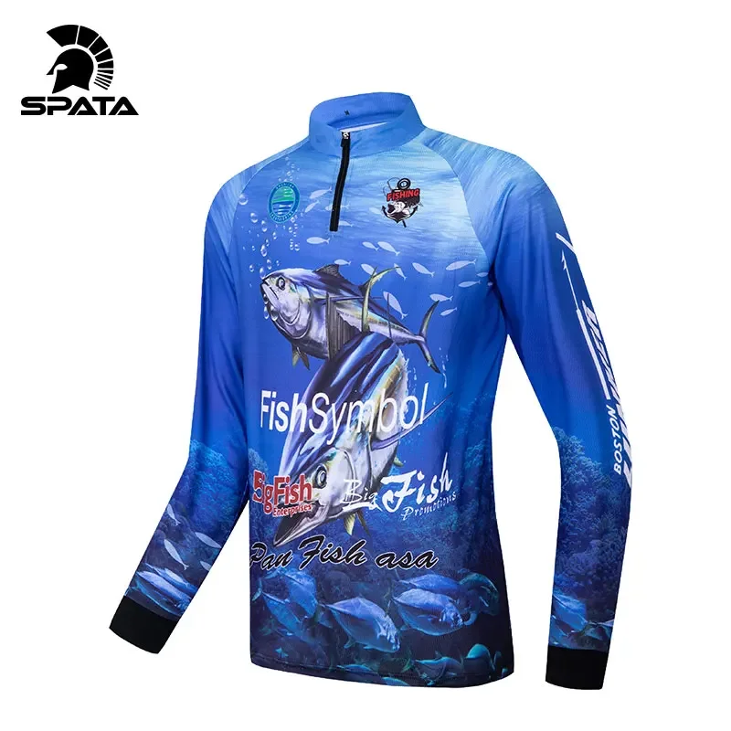 SPATA New Breathable Fishing Shirts Men Cycling Long Sleeve Tuna Fishing Clothes Anti-UV Sun Protection Quick Dry Fishing Jersey