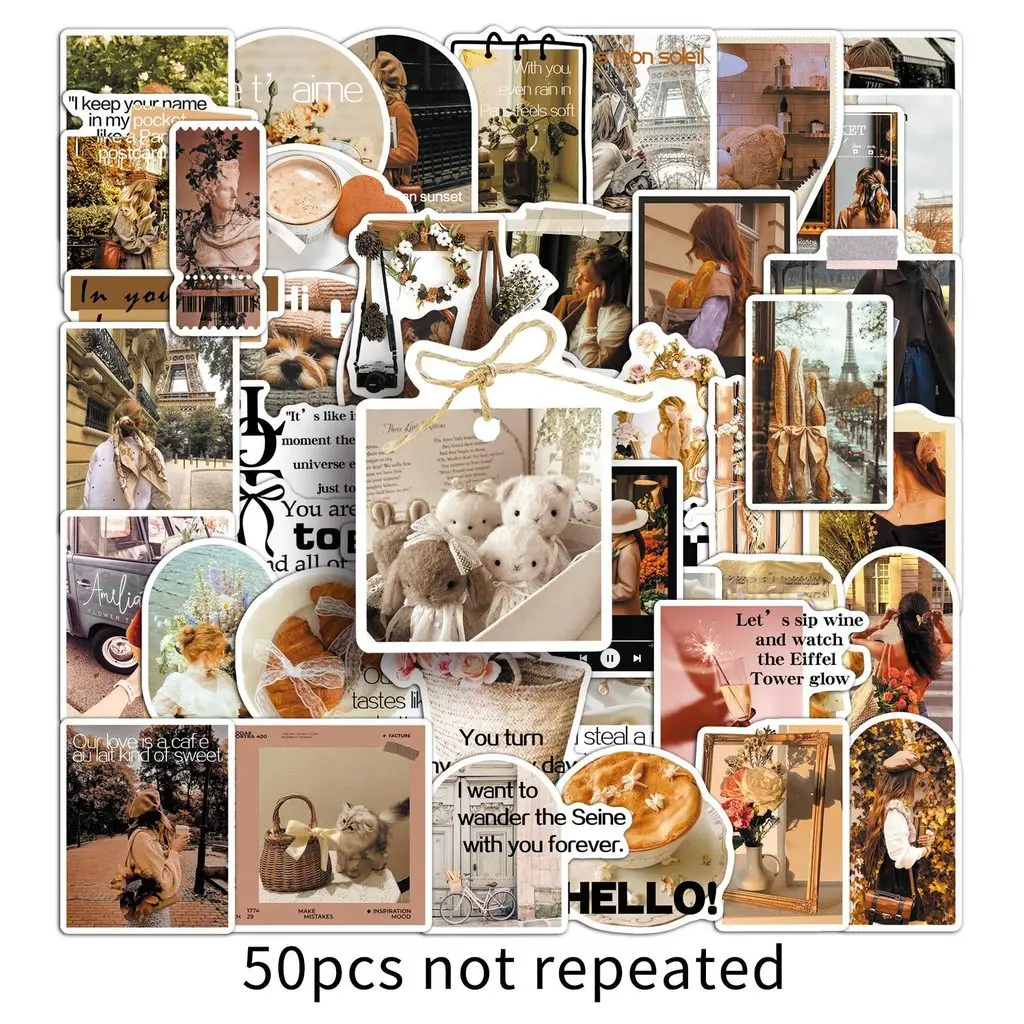 50Pcs French Romantic Realistic Stickers Scenery & Text Decals for Envelopes, Books & Paper Packaging DIY Anime Worlds Store