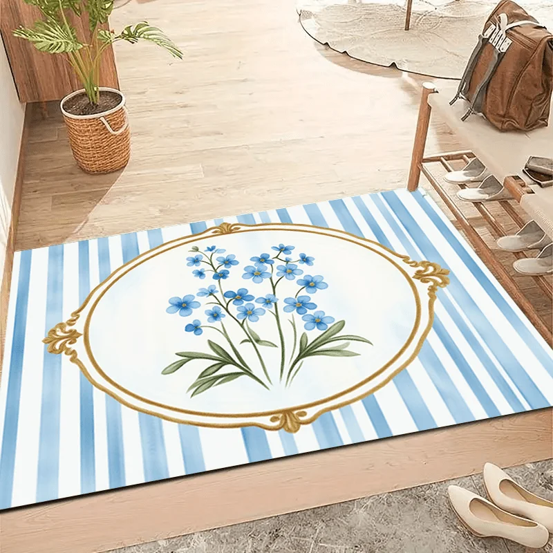 Blue Floral Doormat Gold Frame Striped Entrance Rug Elegant Botanical Floor Mat Washable Home Decor