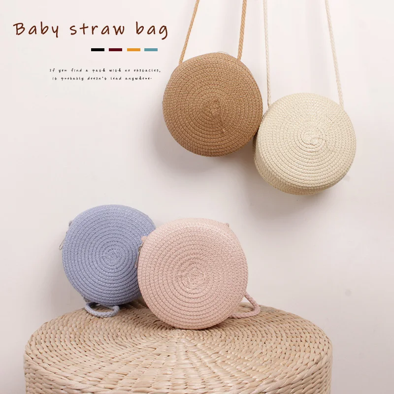 Kids Girls Cute Straw Messenger Bag Solid Color Single-Shoulder Bag Round Straw Bag For Children's Birthday