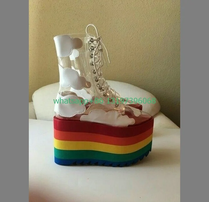 Lady rainbow color platform ankle boots vintage style PVC lace-up boots T show dress punk Bohemia style boots new arrive size 46