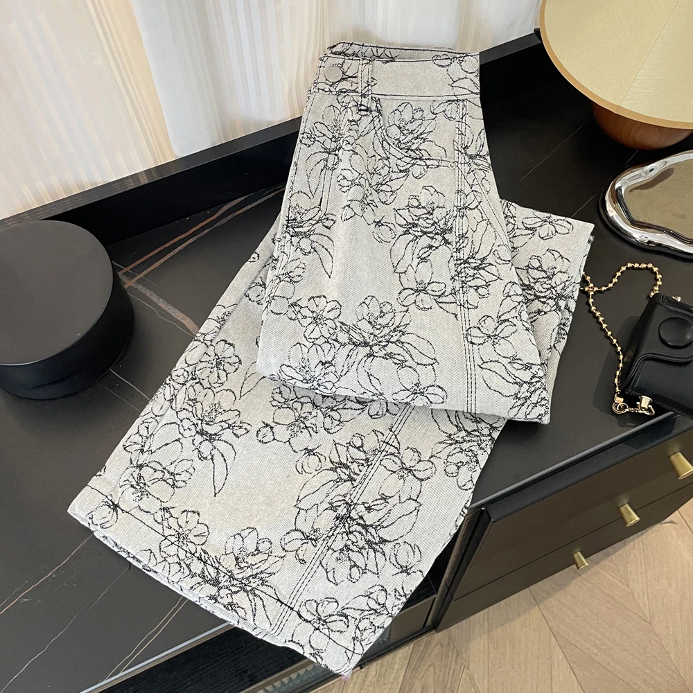Korean Style Floarl Denim Pants Women Spring Summer High Waist Wide Leg Long Trousers Casual All-Match Full Jeans Streetwear