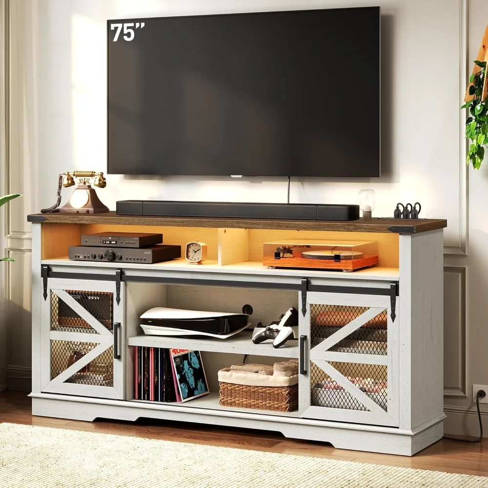 Farmhouse TV Stand for 75 inch TV, LED TV Stand with Power Outlet & USB Ports, 33