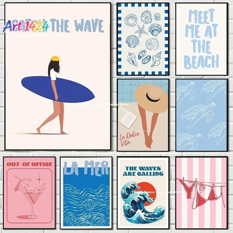 1pc frameless Seashells Meet Me At The Beach Poster Summer Sea Bikini Coastal Quotes Canvas Trendy Wall Art Room for Home Dec