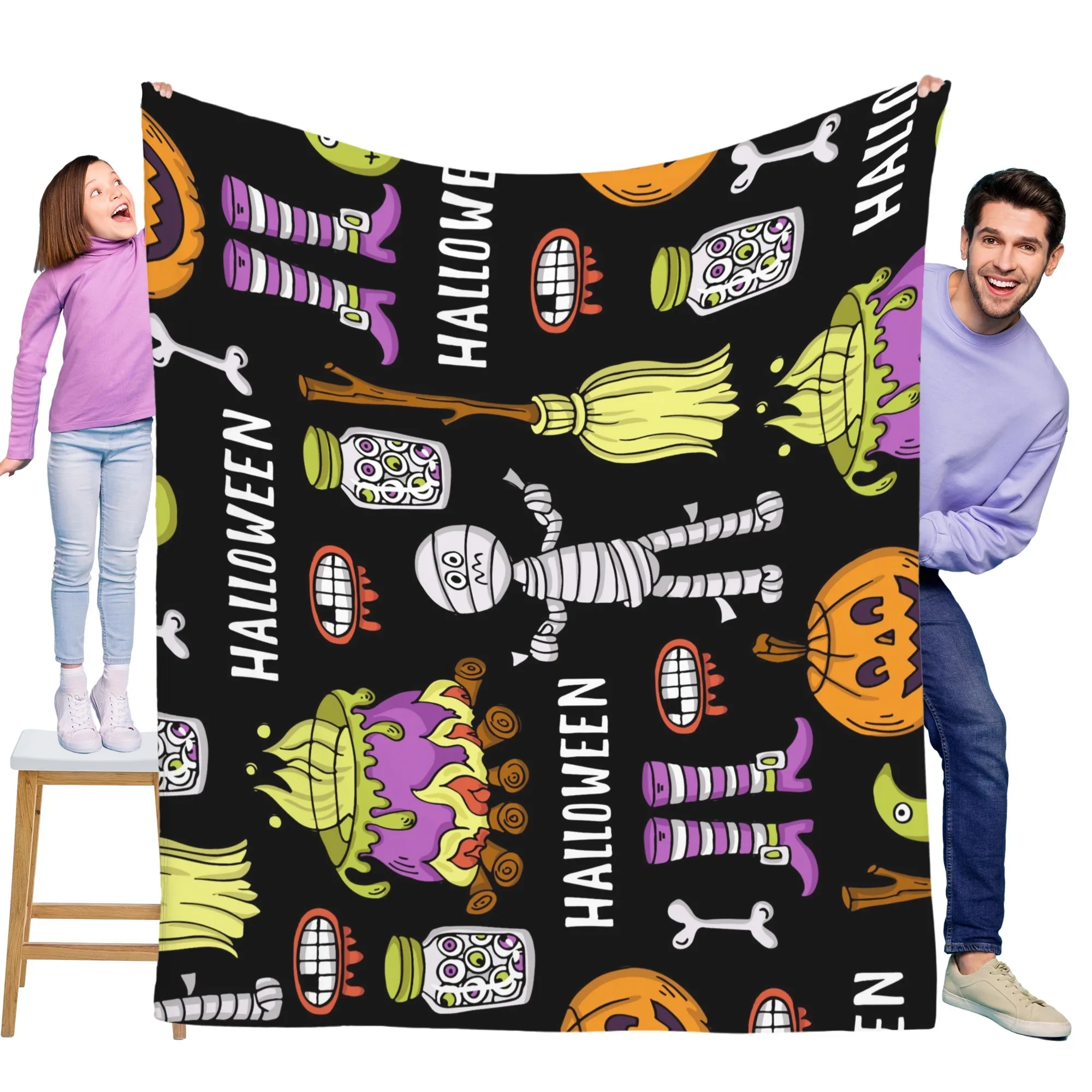 

Cartoon Halloween Mummy Pumpkin Witch Element Flannel Blanket Soft and Warm Perfect for Sofa, Bed, Office, and Travel