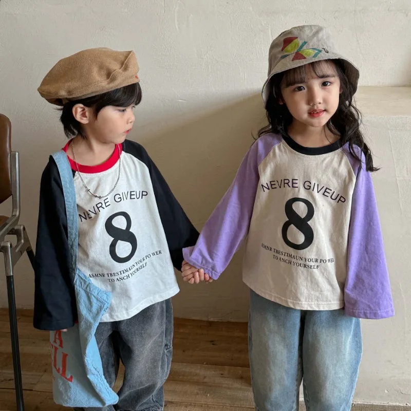 

Sibling Autumn letters cotton T shirts Boys contrast color long sleeve Tees Girls loose casual pullover