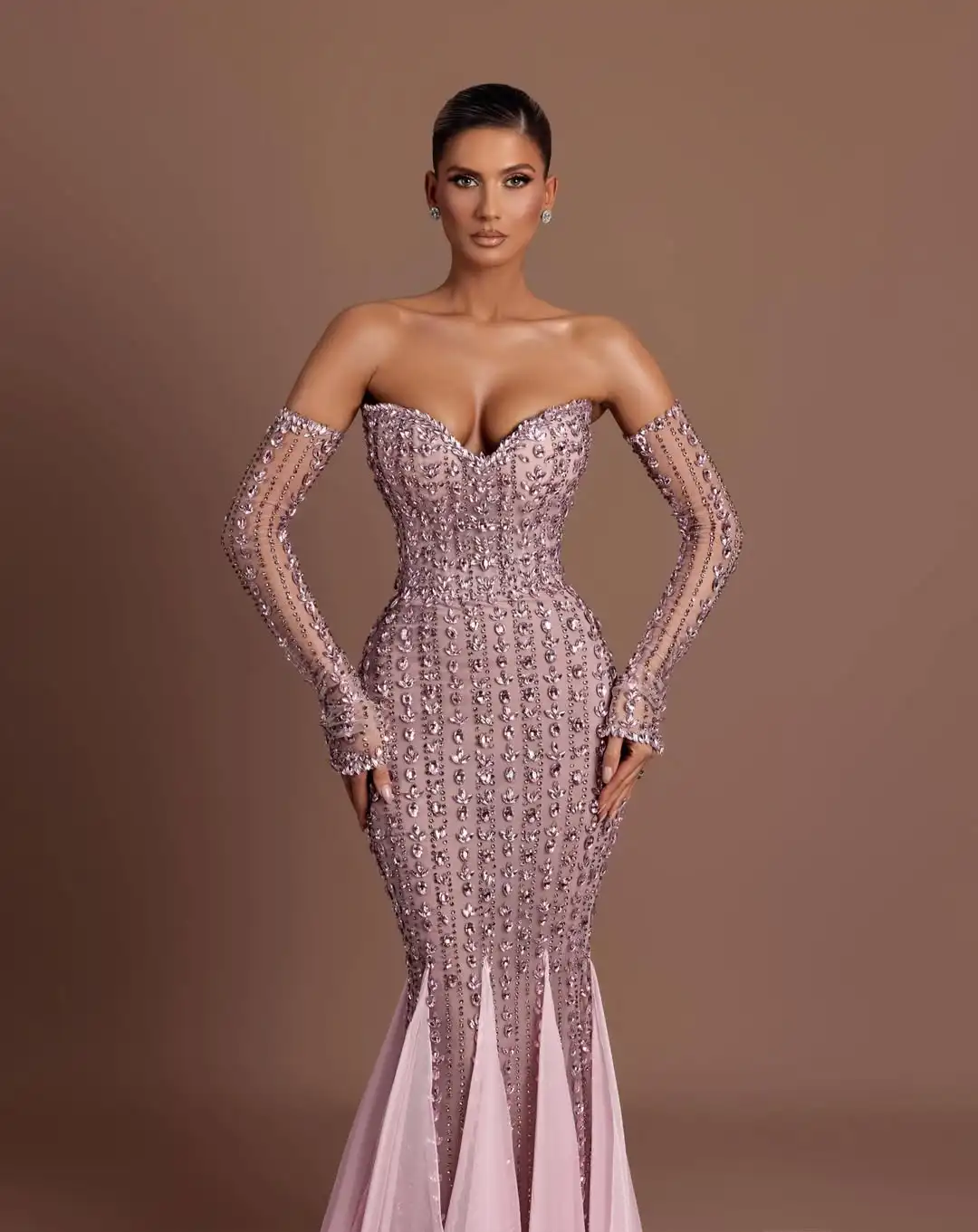 Luxe trend zeemeermin off-shoulder kristal kralen pure mouw chiffon ruches vloerlengte slanke avond prom formele feestjurk