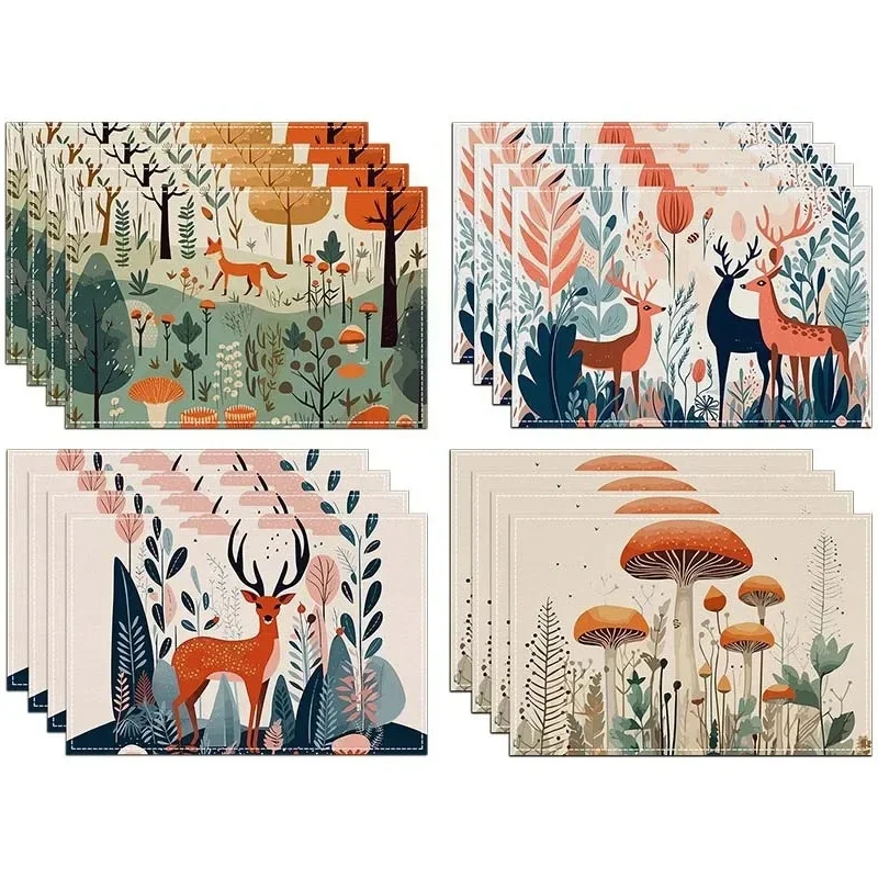 Table Placemats Linen Forest Animal Kitchen Dining Mat NonSlip Heat Resistant Deer Fox Mushroom Autumn Decor 4/6PCS Set