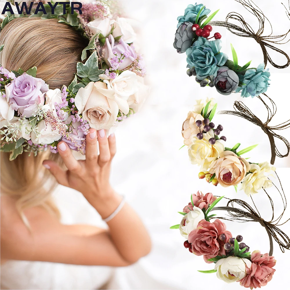 AWAYTR New Flowers Wreath Crown Festival Headband Women Hair Accessories Headdress Girl Floral Garland Wedding Floral Headwear