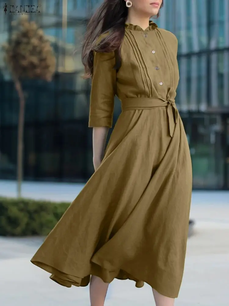 ZANZEA Stylish Women Dresses 2025 Autumn Solid Dress Casual 3/4 Sleeve Buttons Up Vestido Elegant Office Work Midi Sundress Robe