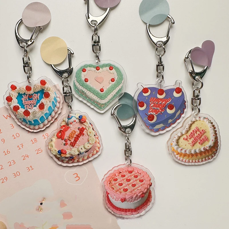 Creative Birthday Cake Shape Keychain Cute Acrylic Imitation Cake Pendant Key Rings Women Girls Backpack Key Chain Jewelry Gifts