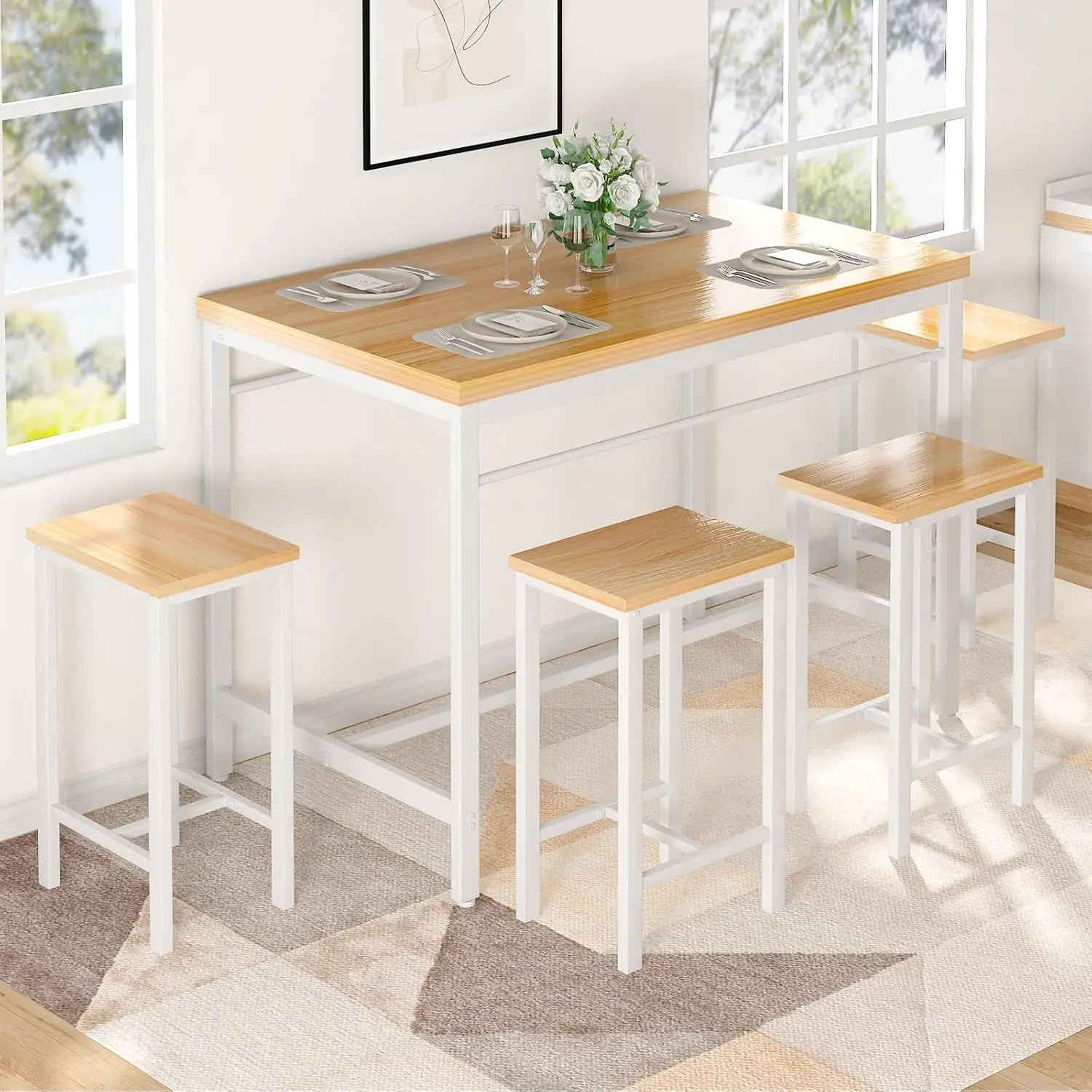 5 Pieces Dining Table Set for 4,Beige Bar Table Set with 4 Bar Stools Counter Height Bar Table and Chairs Set.(Beige)