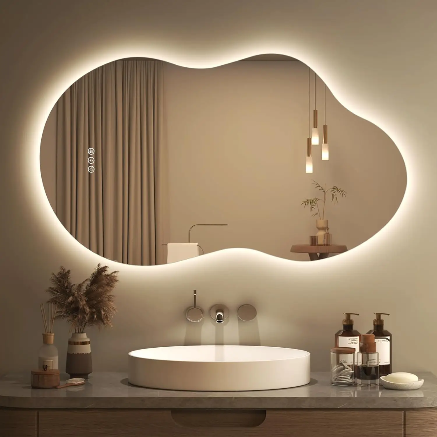 40X24 Irregular Backlit Led Lighted Bathroom Vanity Mirror Asymmetrical Cloud Shape AntiFog 3 Colors Dimmable Memory Tempered Gl